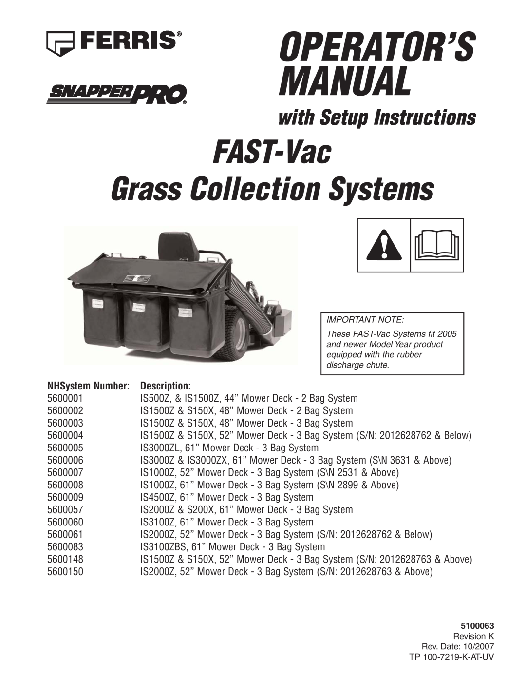 Snapper IS1500Z manual FAST-Vac Grass Collection Systems, Manual, Operator’S, with Setup Instructions, Description 