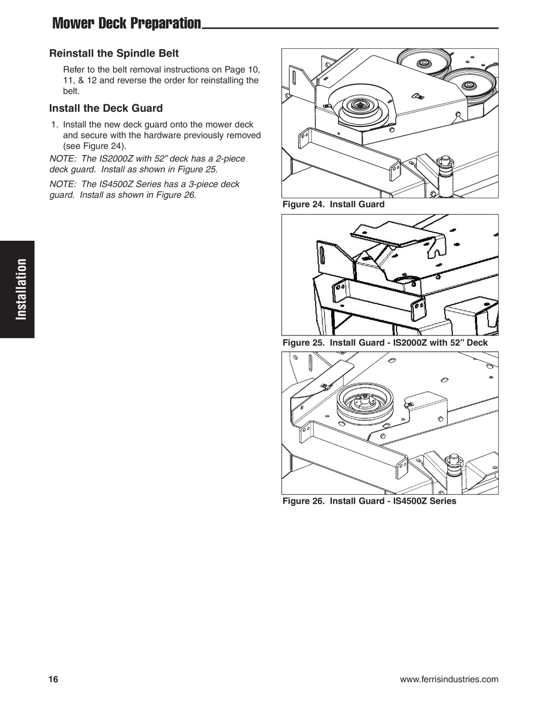 Snapper IS2000Zc Mower Deck Preparation, Installation, Reinstall the Spindle Belt, Install the Deck Guard, Install Guard 