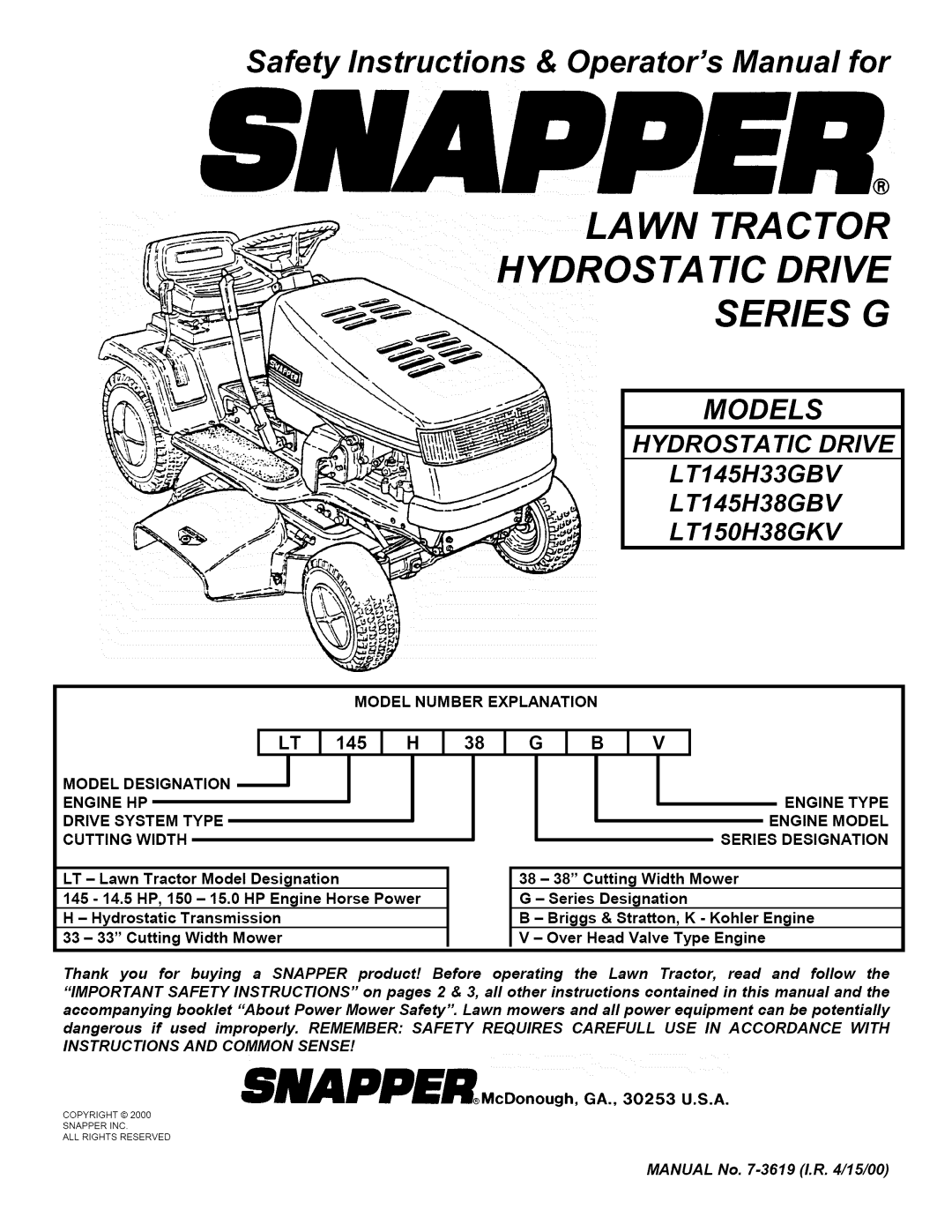 Snapper L T145H33GBV important safety instructions Lawn TRA C TOR Hydrosta TIC Drive Series G, Model Number Explanation 