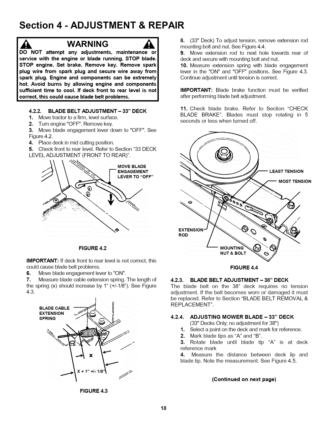 Snapper L T145H33GBV, L T150H38GKV, L T145H38GBV important safety instructions Blade Belt ADJUSTMENT- 33 Deck 