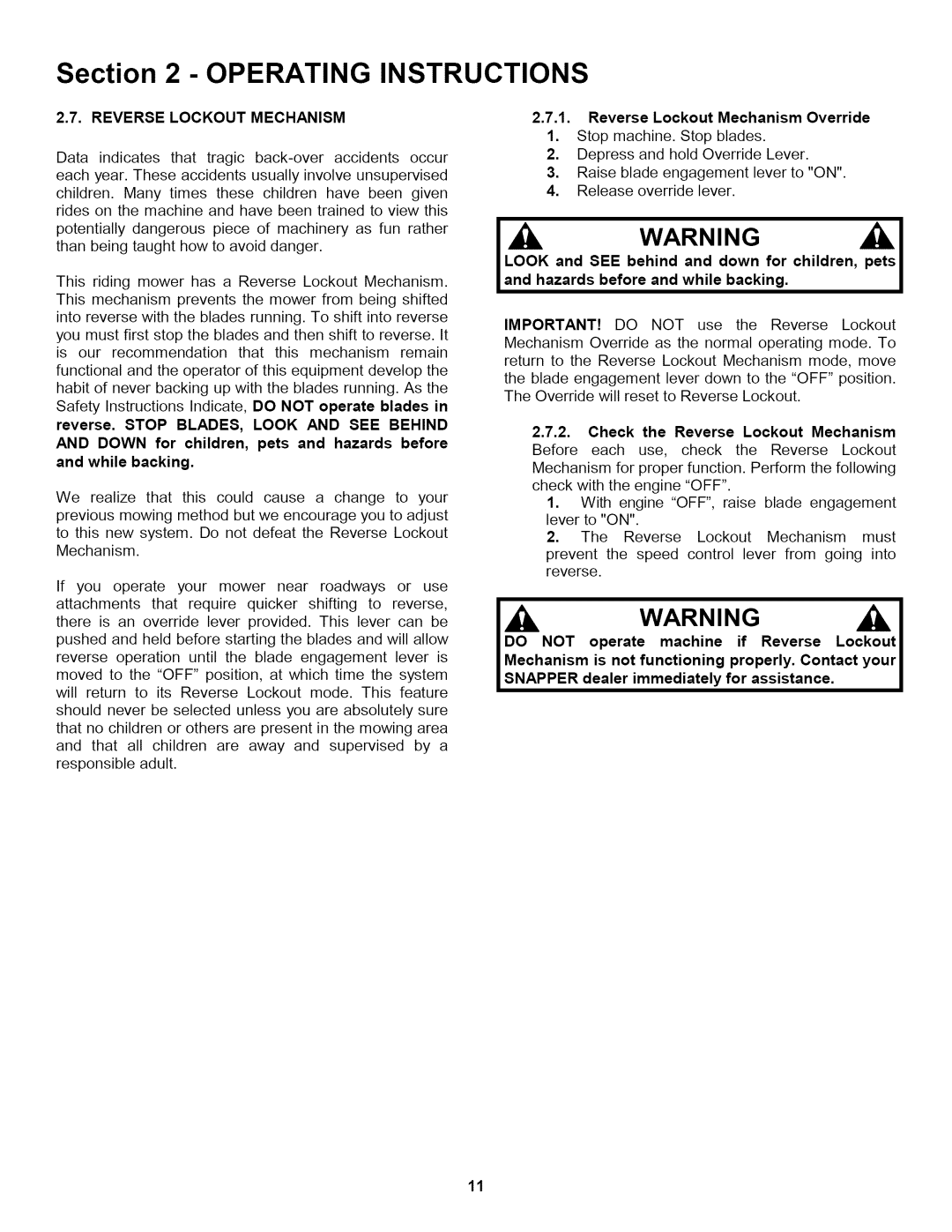 Snapper L T145H38GBV, L T150H38GKV, L T145H33GBV important safety instructions Reverse Lockout Mechanism Override 