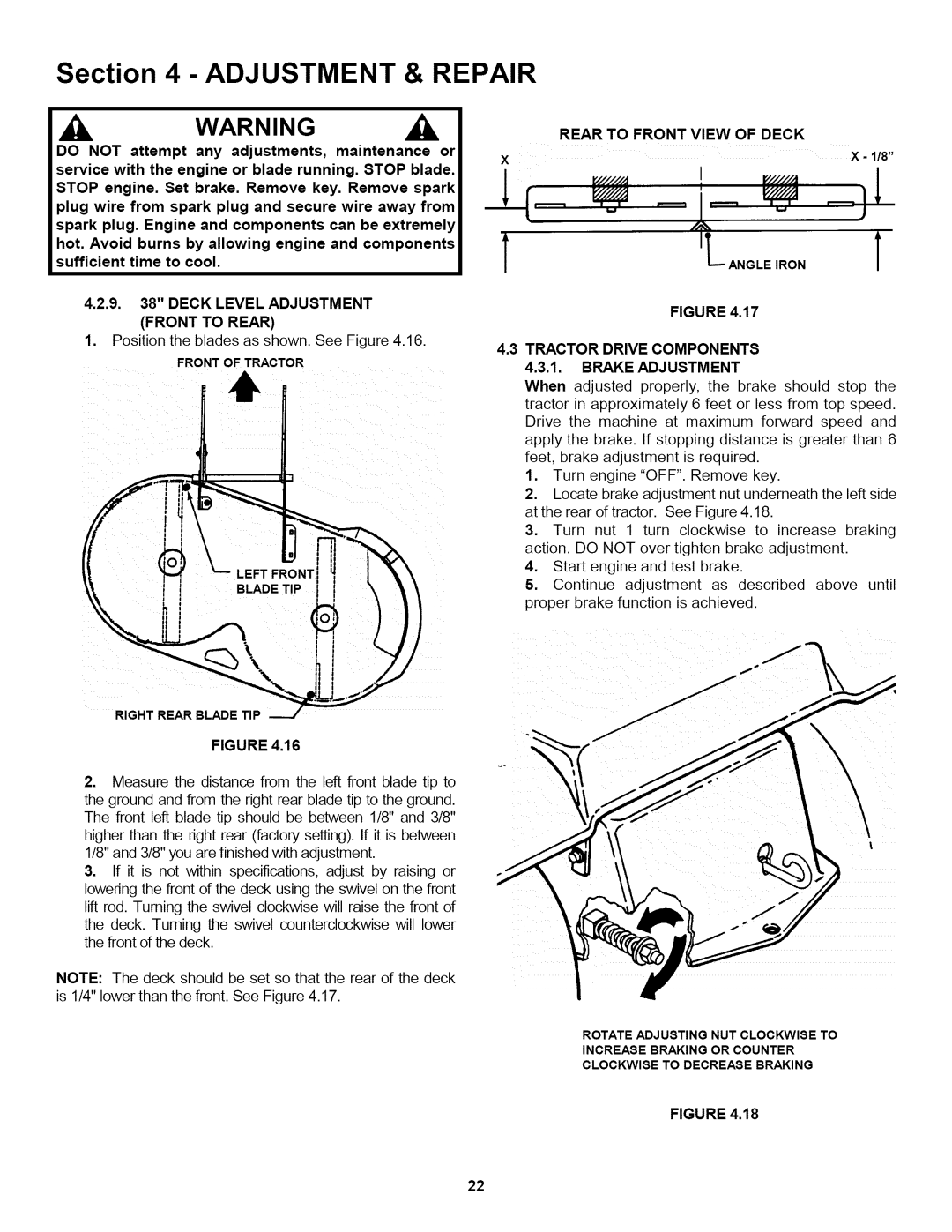 Snapper L T145H38GBV, L T150H38GKV, L T145H33GBV important safety instructions Deck Level Adjustment Front to Rear 