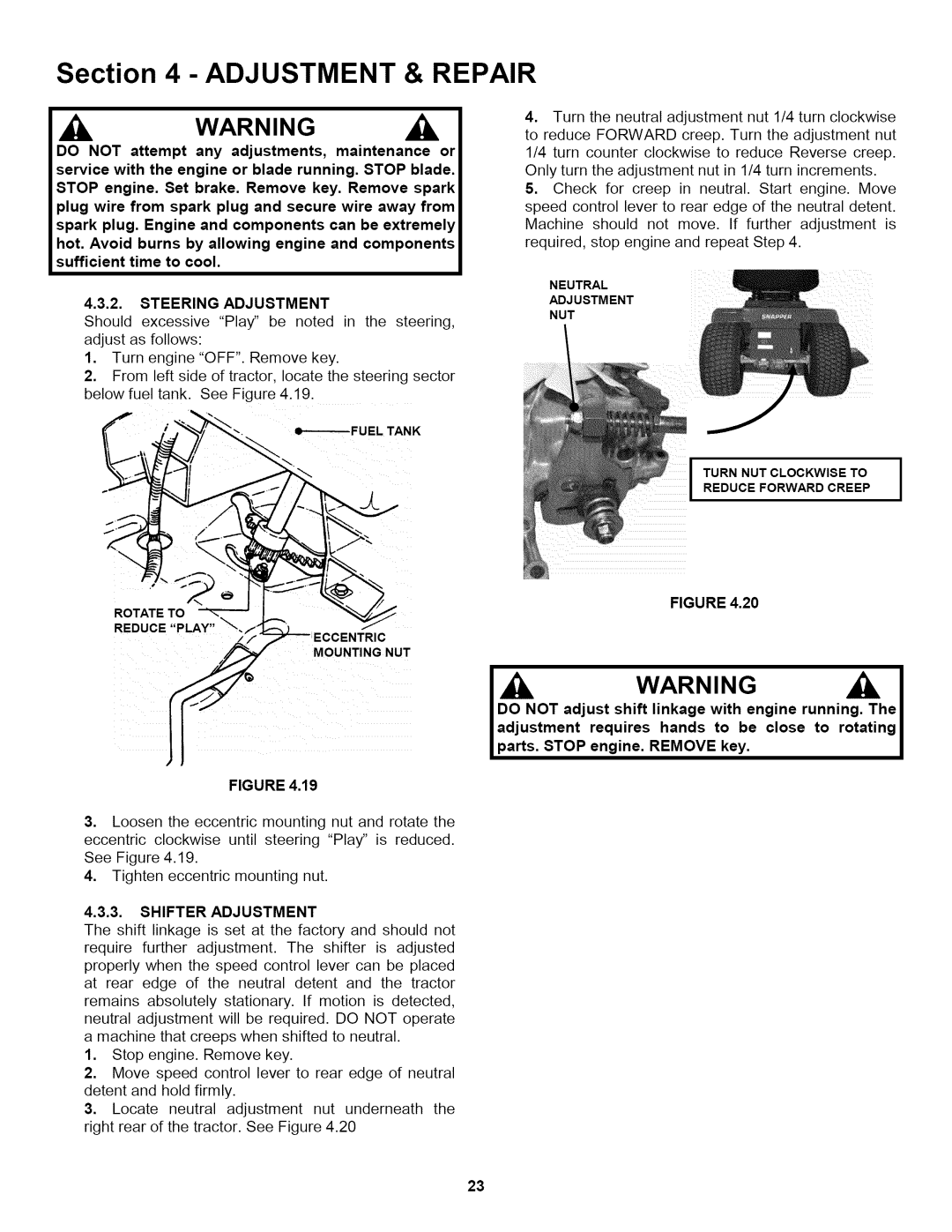 Snapper L T150H38GKV, L T145H33GBV, L T145H38GBV important safety instructions Steering Adjustment 