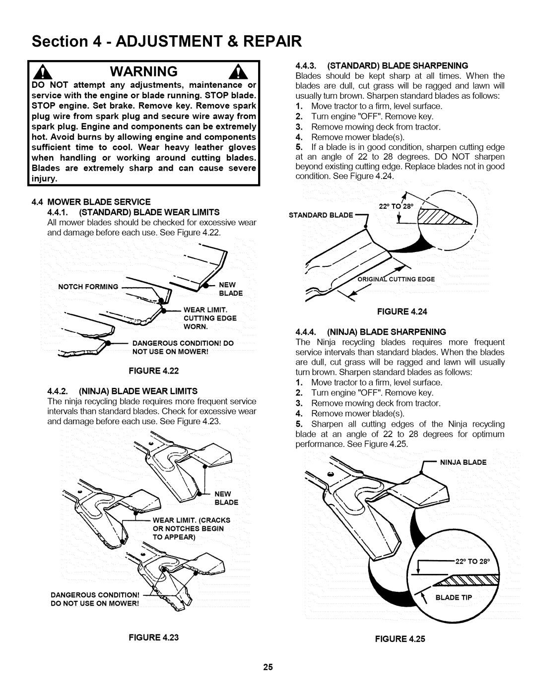 Snapper L T145H38GBV, L T150H38GKV, L T145H33GBV important safety instructions Mower Blade Service Standard Blade Wear Limits 