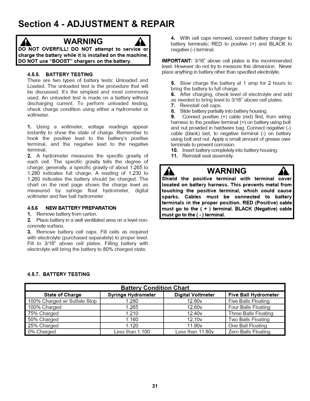 Snapper L T145H38GBV, L T150H38GKV, L T145H33GBV important safety instructions Battery Condition Chart 