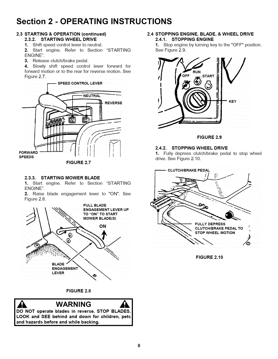 Snapper L T145H38GBV, L T150H38GKV, L T145H33GBV Stopping ENGINE, BLADE, & Wheel Drive 2.4.1. Stopping Engine 