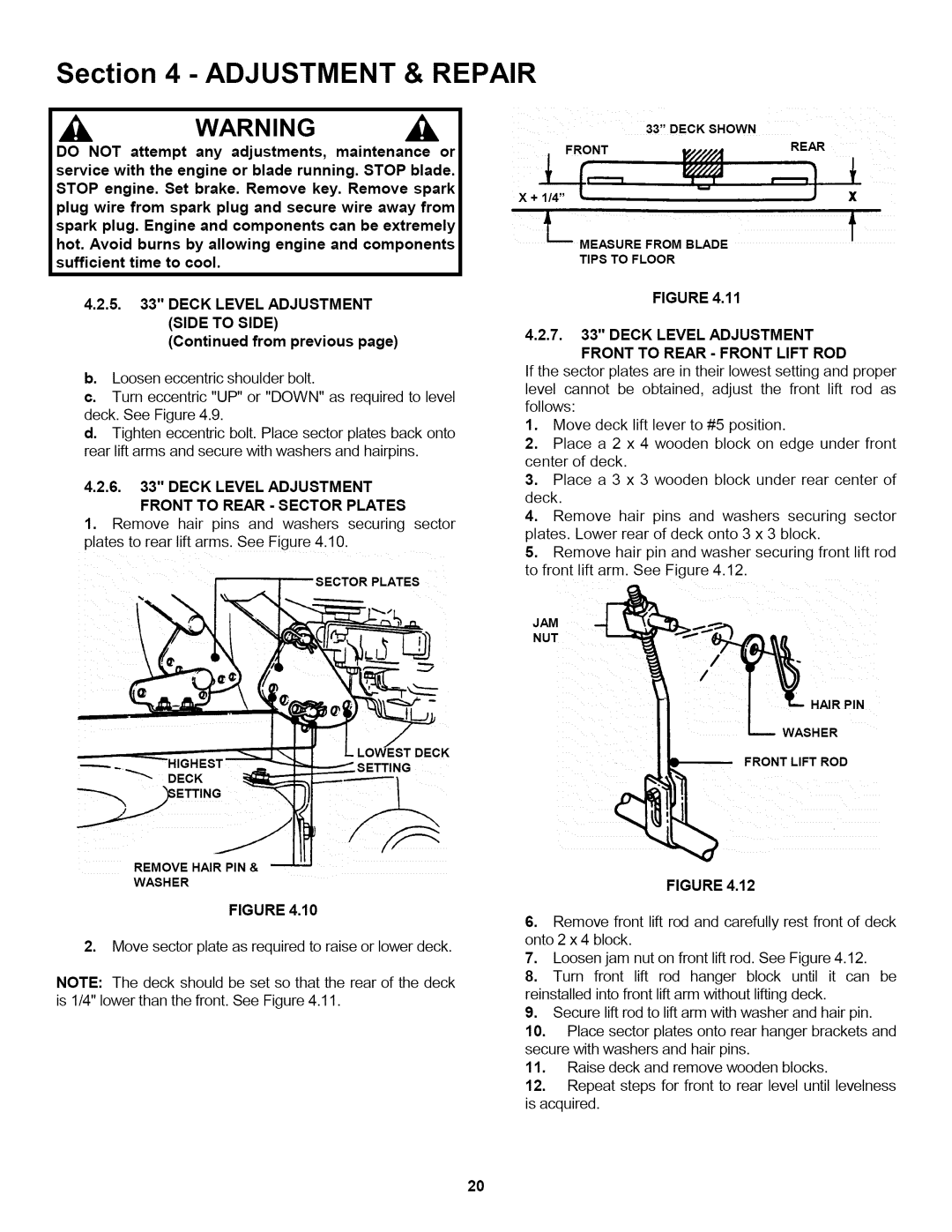 Snapper L T145H38GBV, L T150H38GKV, L T145H33GBV important safety instructions Deck Level Adjustment Side to Side 