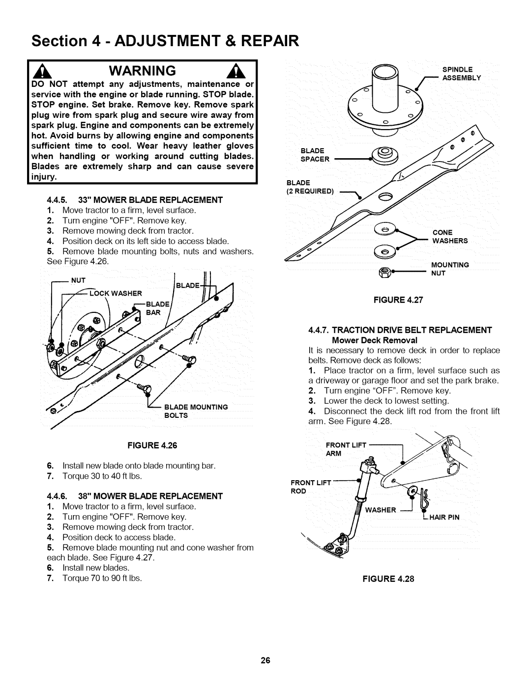 Snapper L T145H38GBV, L T150H38GKV, L T145H33GBV important safety instructions Mower Blade Replacement 