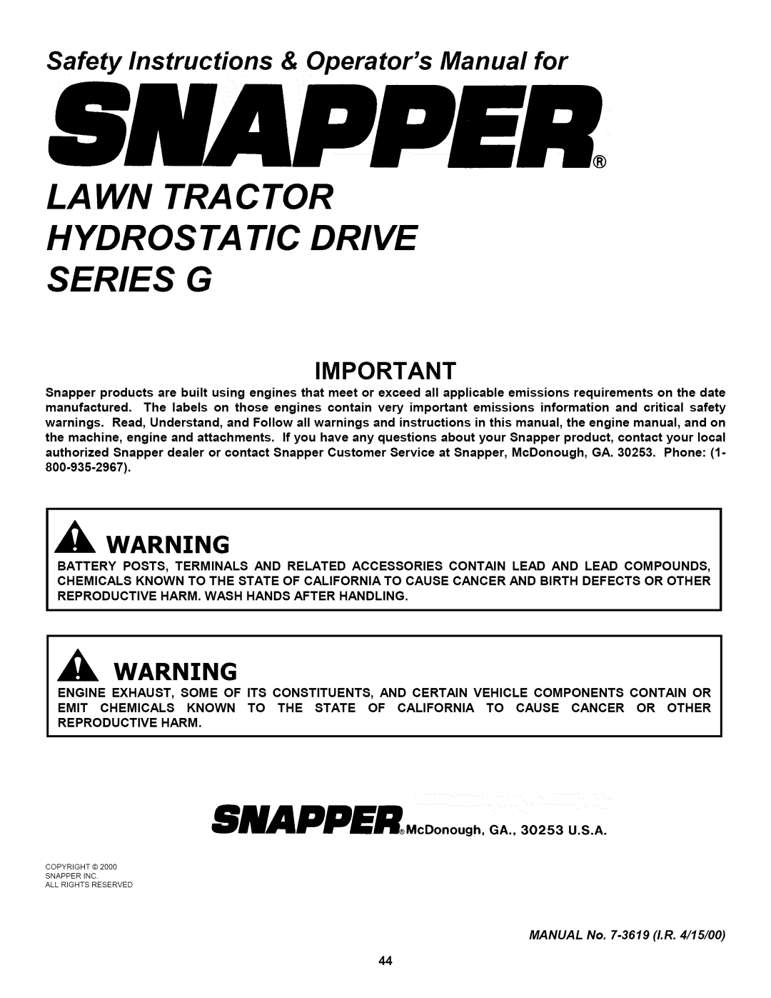 Snapper L T145H33GBV, L T150H38GKV, L T145H38GBV important safety instructions Lawn TRA C TOR Hydrosta TIC Drive Series G 