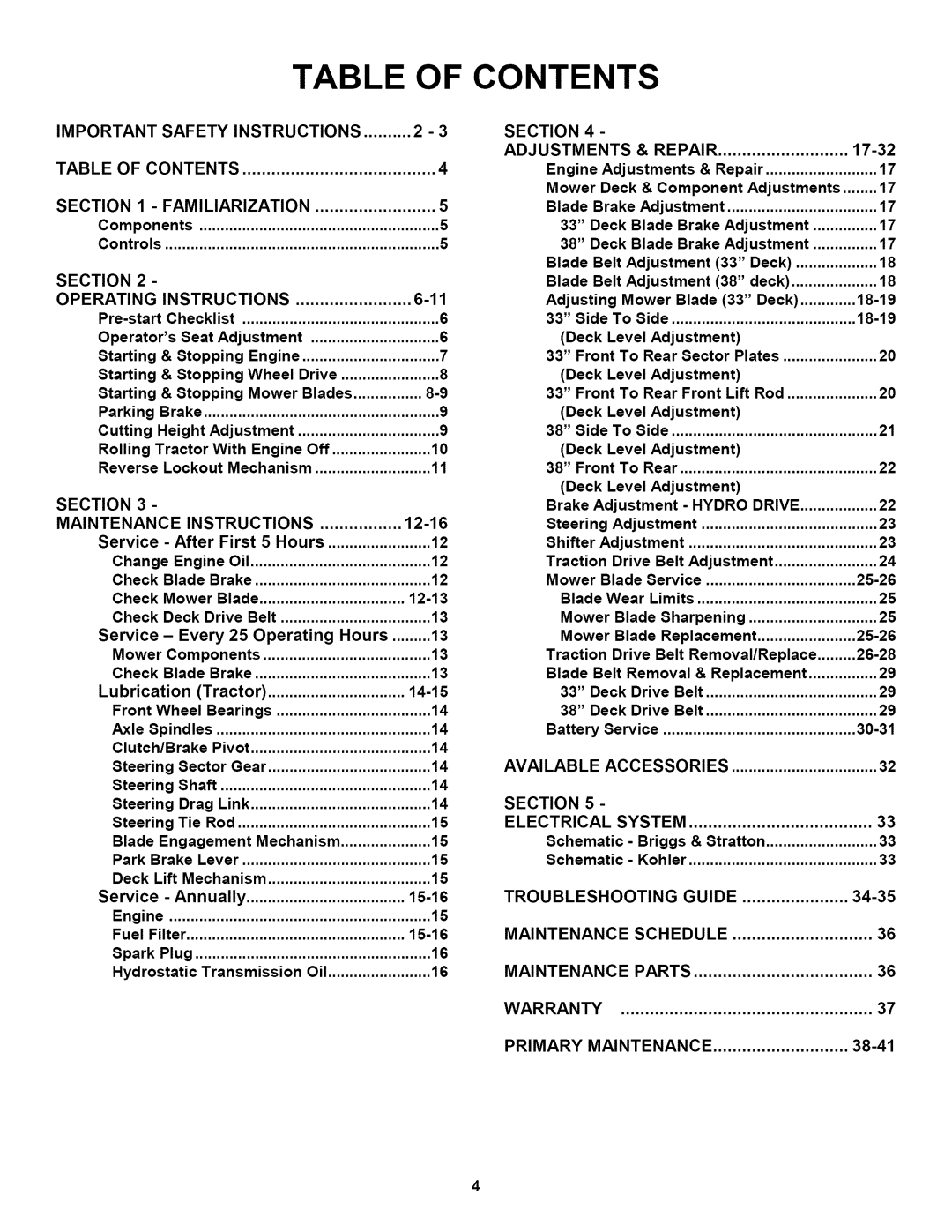 Snapper L T145H38GBV, L T150H38GKV, L T145H33GBV important safety instructions Table of Contents 