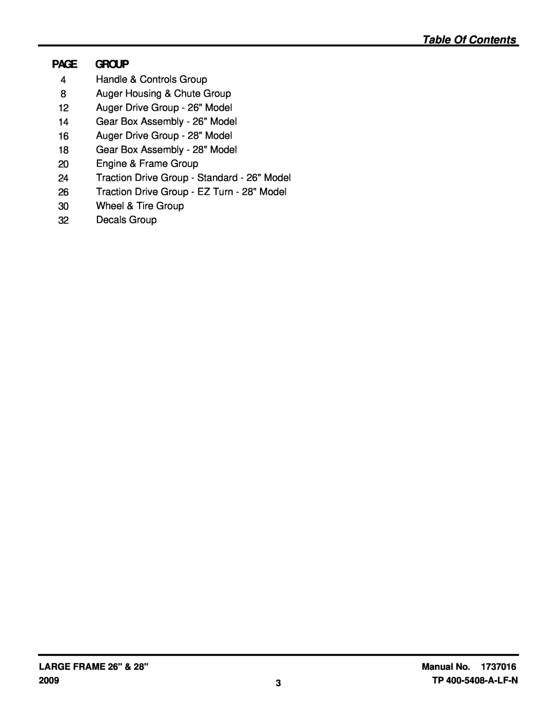 Snapper L1226E, L1428E manual Table Of Contents, Page Group 