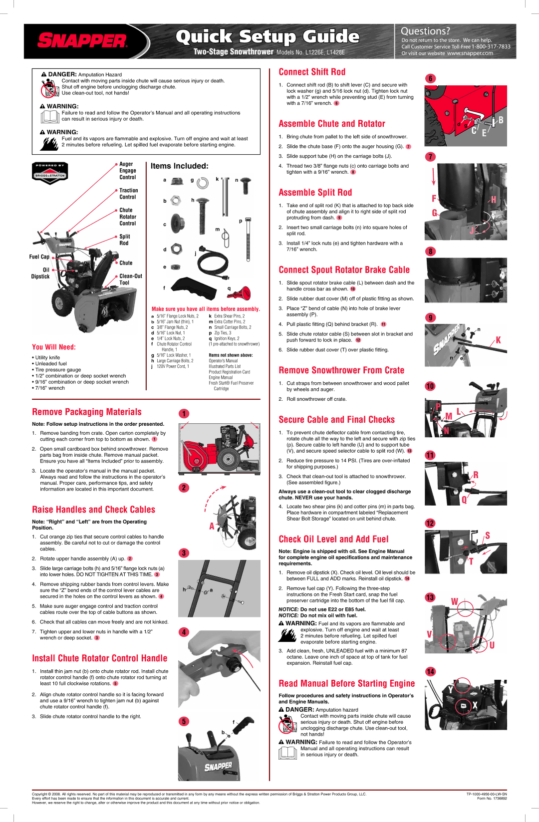 Snapper L1428E, L1226E operating instructions Connect Shift Rod, Assemble Chute and Rotator, Assemble Split Rod 