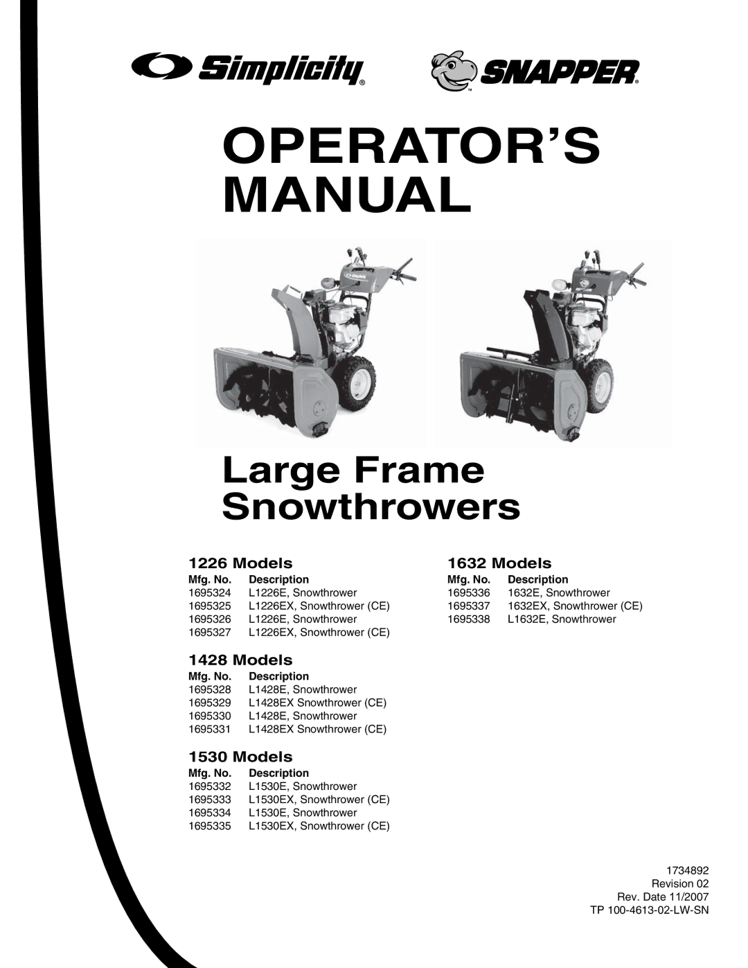 Snapper L1428EX, L11226EX, L1530EX, L1632E, L1226EX, 1632EX manual OPERATOR’S Manual, Models 