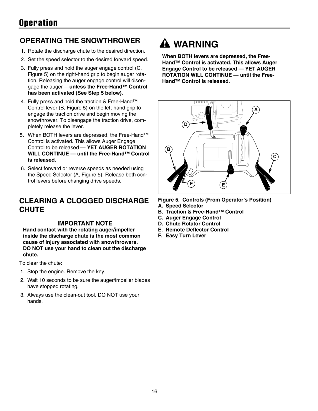 Snapper 1632EX, L1428EX, L11226EX, L1530EX, L1632E, L1226EX Operating the Snowthrower, Clearing a Clogged Discharge Chute 