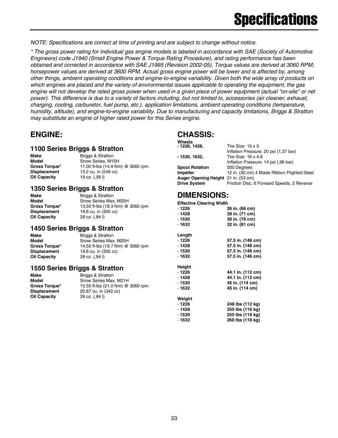 Snapper L1428EX, L11226EX, L1530EX, L1632E, L1226EX, 1632EX manual Engine, Chassis, Dimensions, Series Briggs & Stratton 