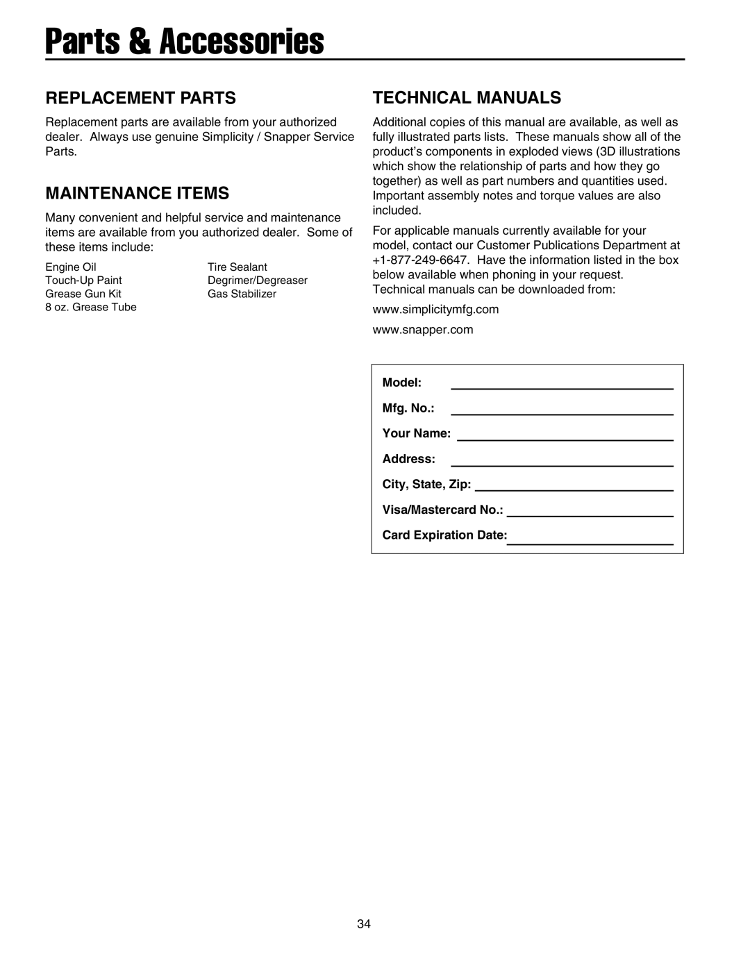 Snapper 1632EX, L1428EX, L11226EX, L1530EX, L1632E, L1226EX manual Replacement Parts, Maintenance Items, Technical Manuals 