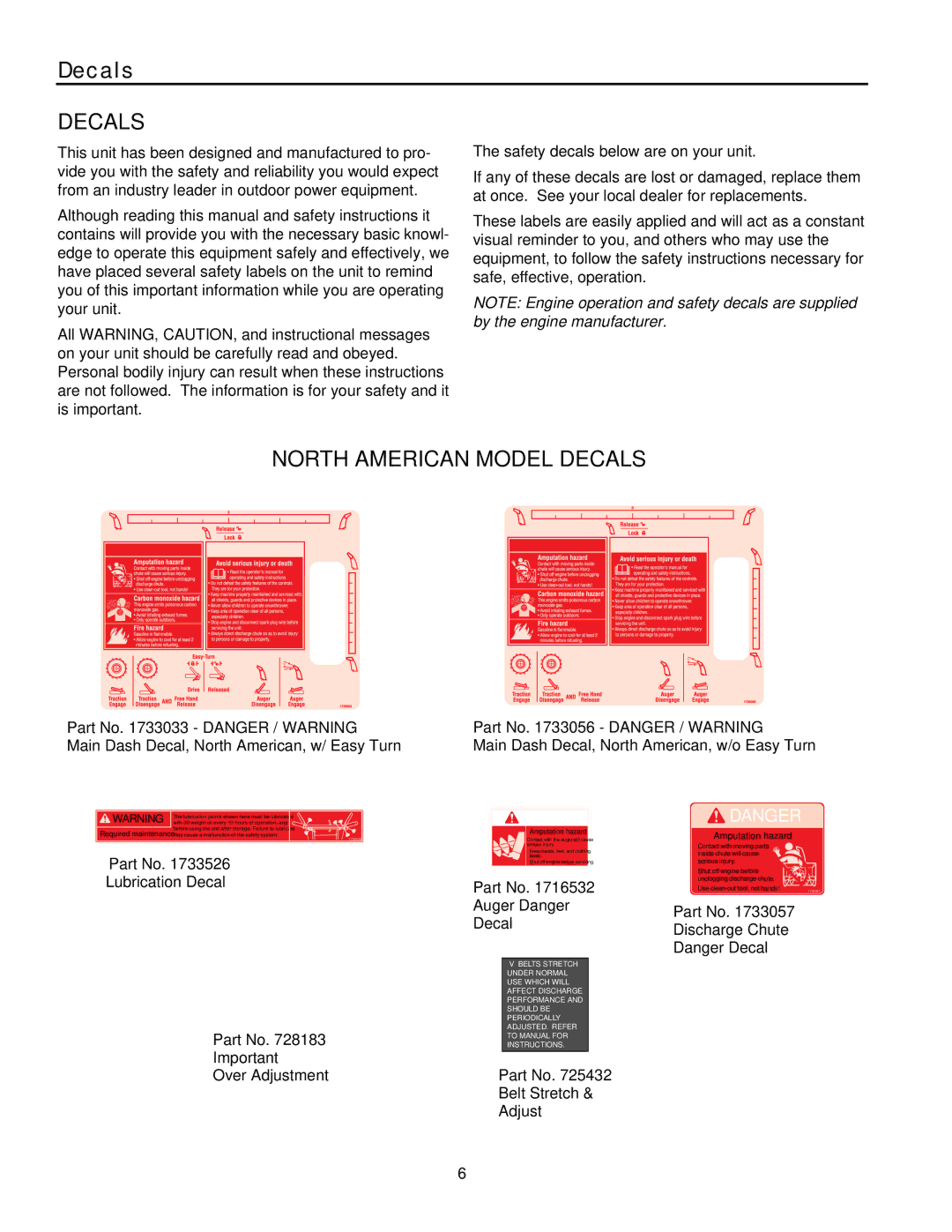 Snapper L1428EX, L11226EX, L1530EX, L1632E, L1226EX, 1632EX manual C a l s, North American Model Decals 