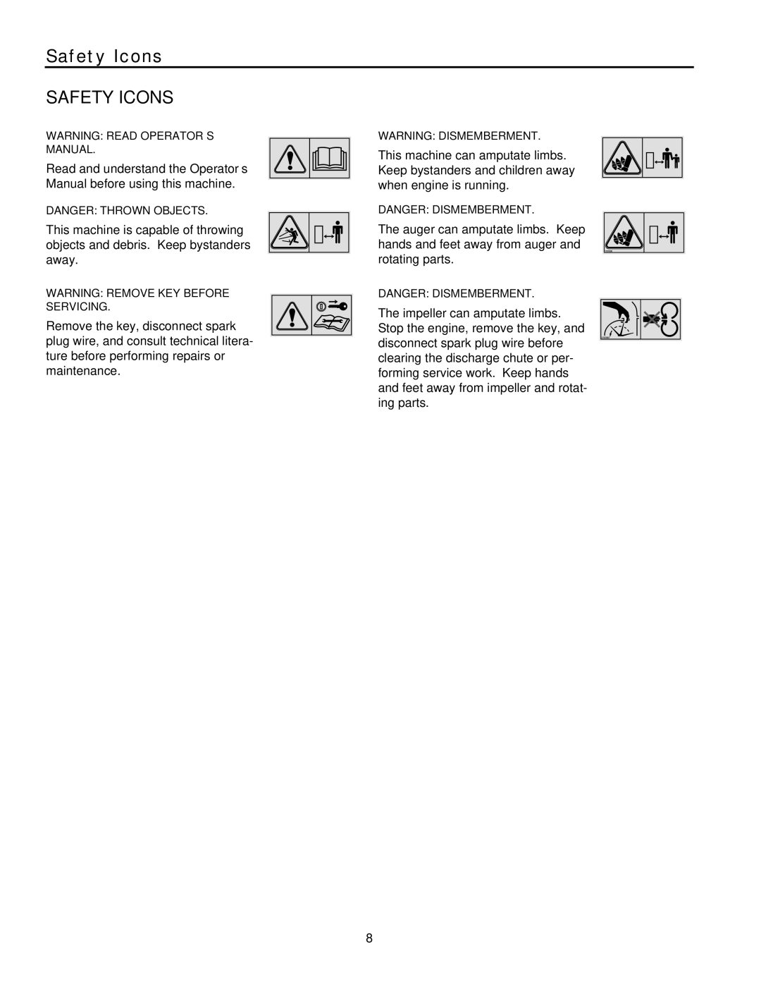 Snapper L1428EX, L11226EX, L1530EX, L1632E, L1226EX, 1632EX manual Safety Icons 