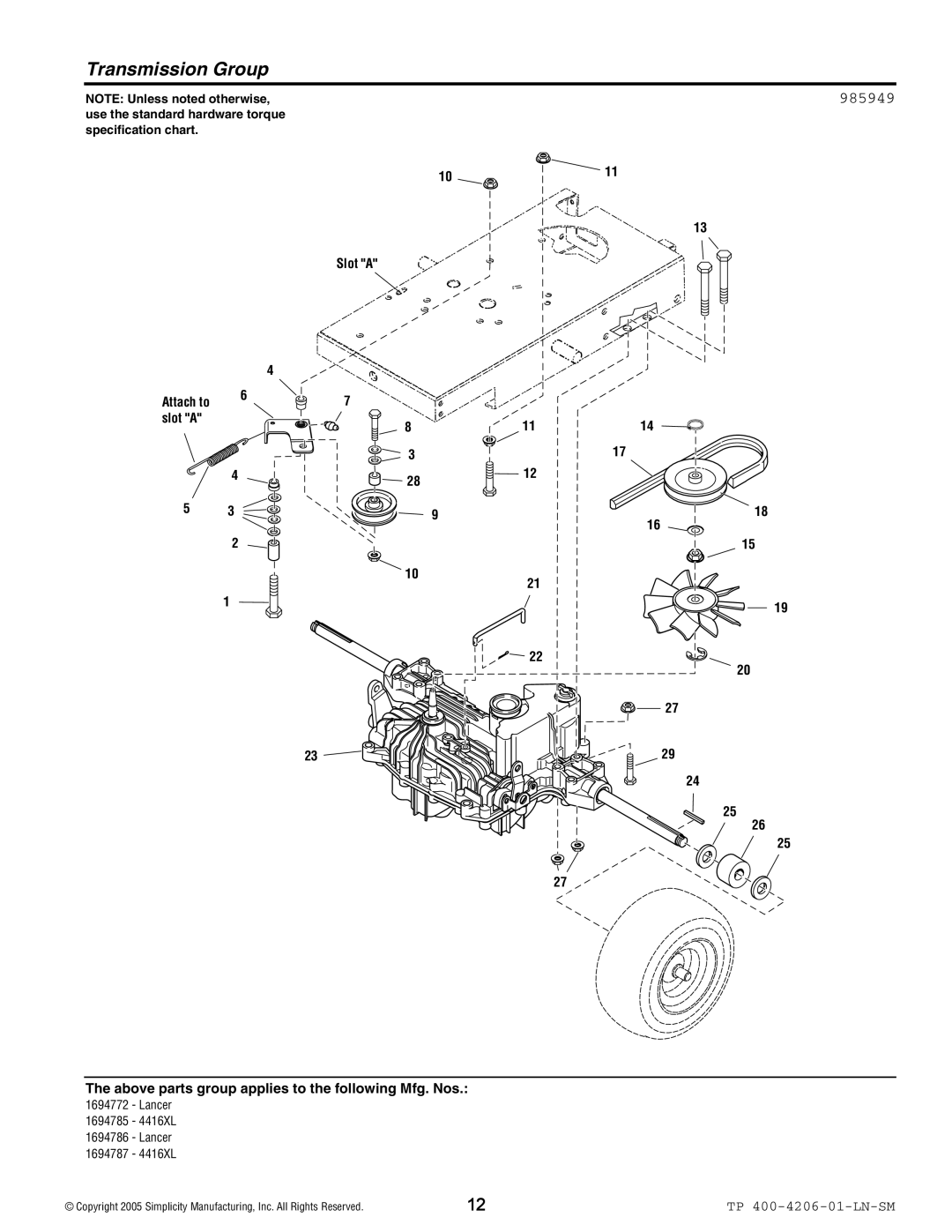 Snapper Lancer / 4400 manual Transmission Group, 985949 