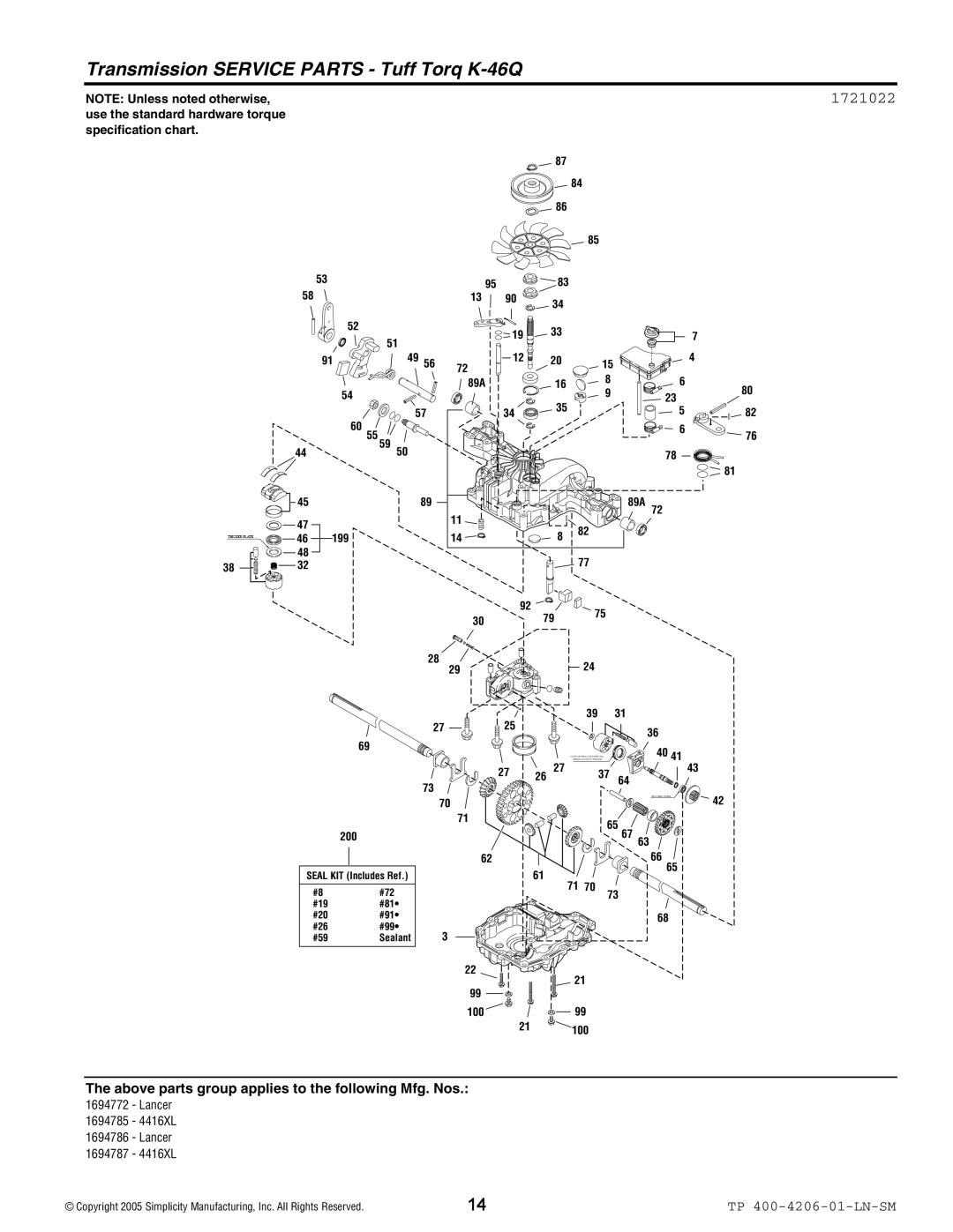 Snapper Lancer / 4400 manual Transmission Service Parts Tuff Torq K-46Q, 1721022 