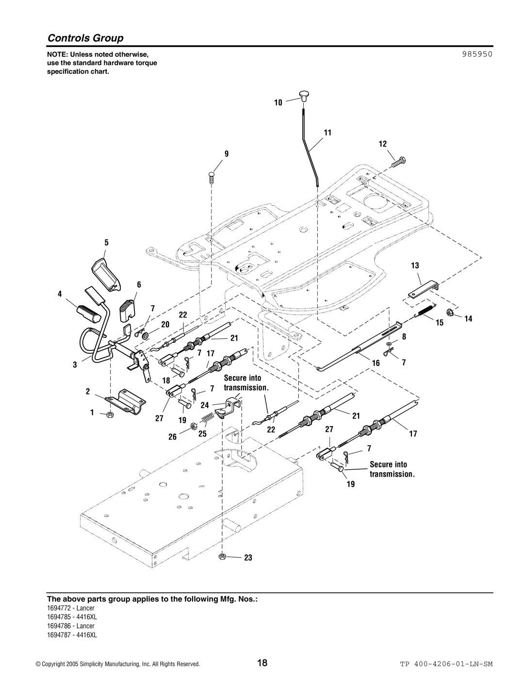 Snapper Lancer / 4400 manual Controls Group, 985950 