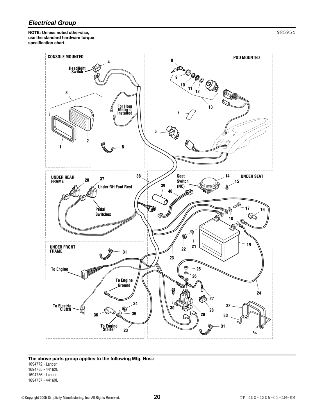 Snapper Lancer / 4400 manual Electrical Group, 985954 