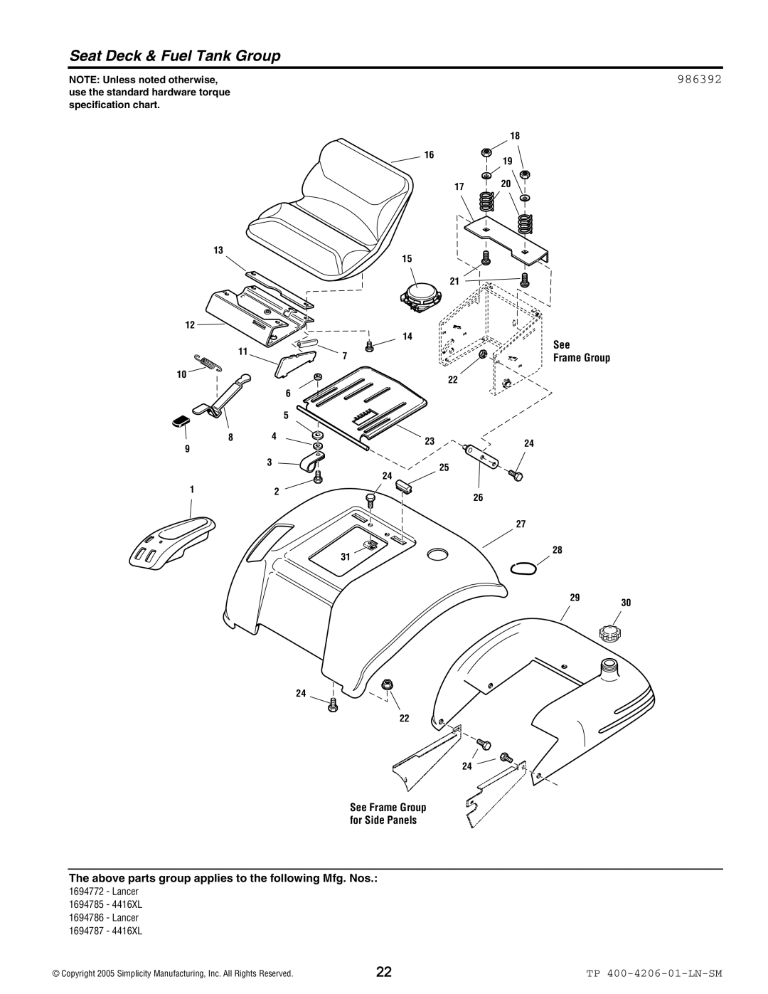 Snapper Lancer / 4400 manual Seat Deck & Fuel Tank Group, 986392 