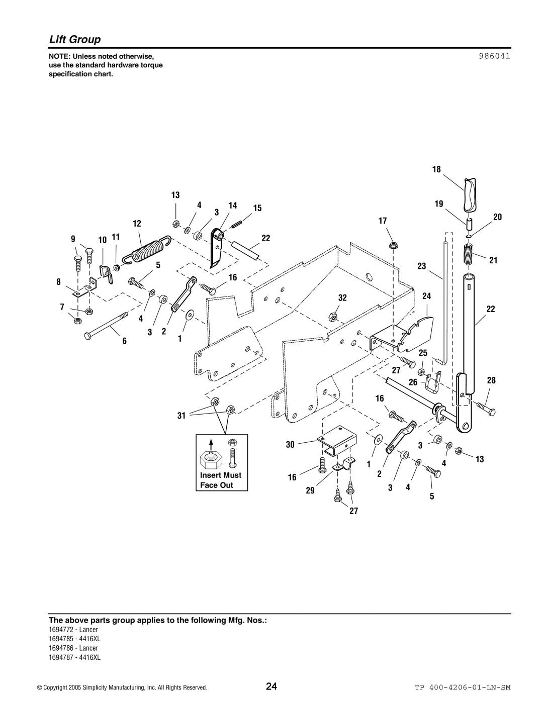 Snapper Lancer / 4400 manual Lift Group, 986041 