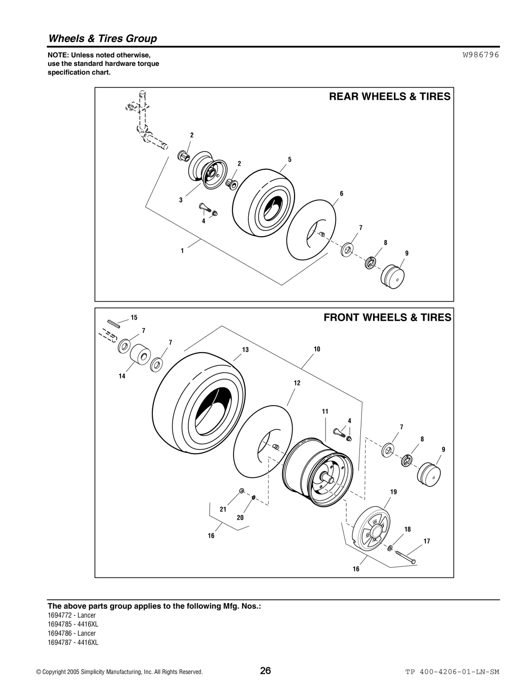 Snapper Lancer / 4400 manual Wheels & Tires Group, W986796 