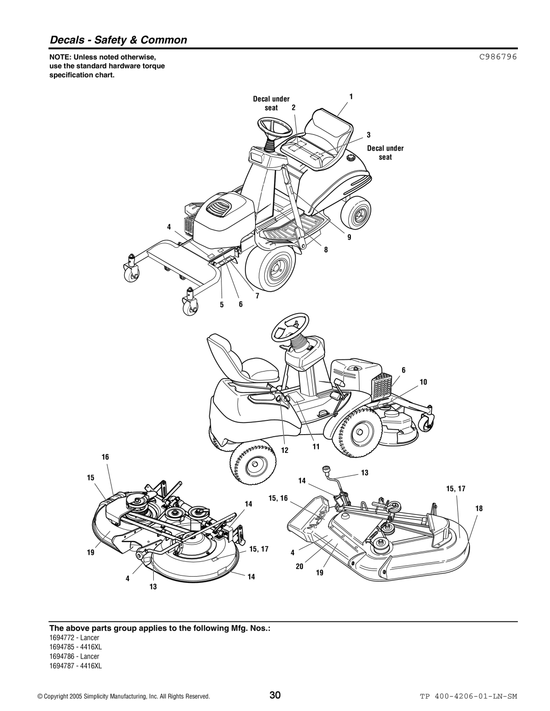 Snapper Lancer / 4400 manual Decals Safety & Common, C986796 