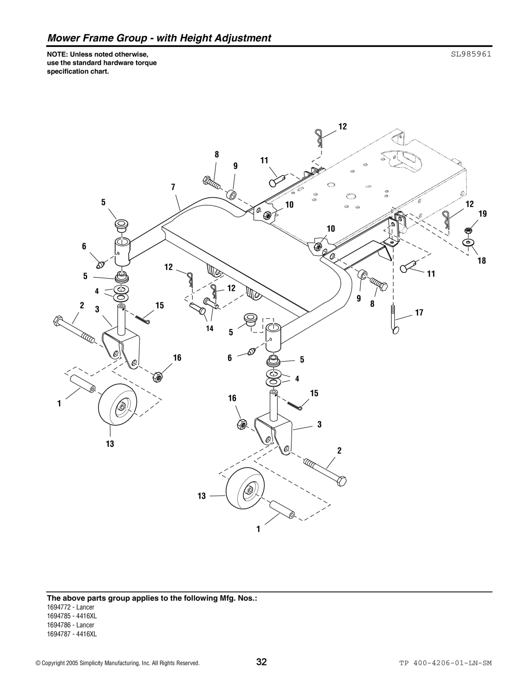 Snapper Lancer / 4400 manual Mower Frame Group with Height Adjustment, SL985961 