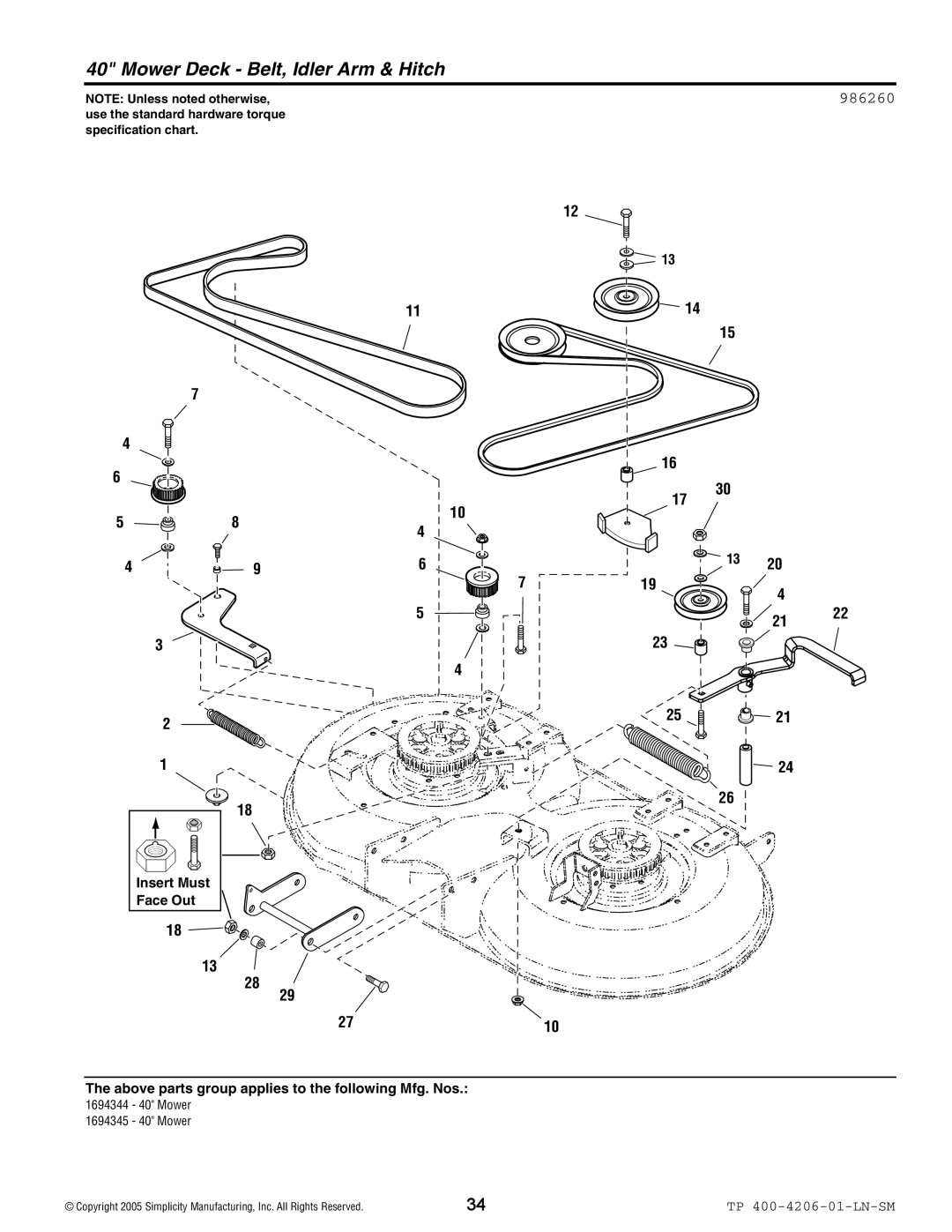 Snapper Lancer / 4400 manual Mower Deck Belt, Idler Arm & Hitch, 986260 