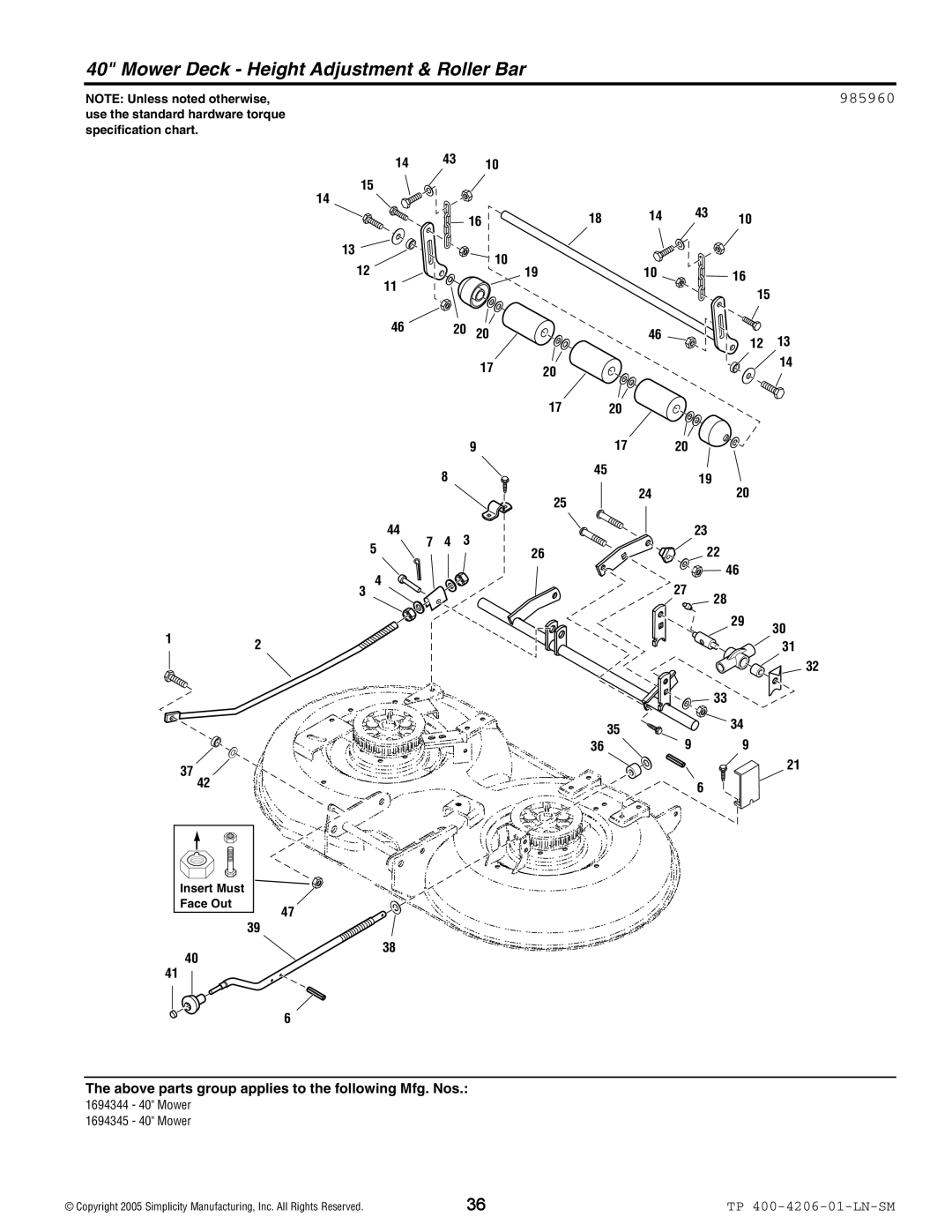 Snapper Lancer / 4400 manual Mower Deck Height Adjustment & Roller Bar, 985960 