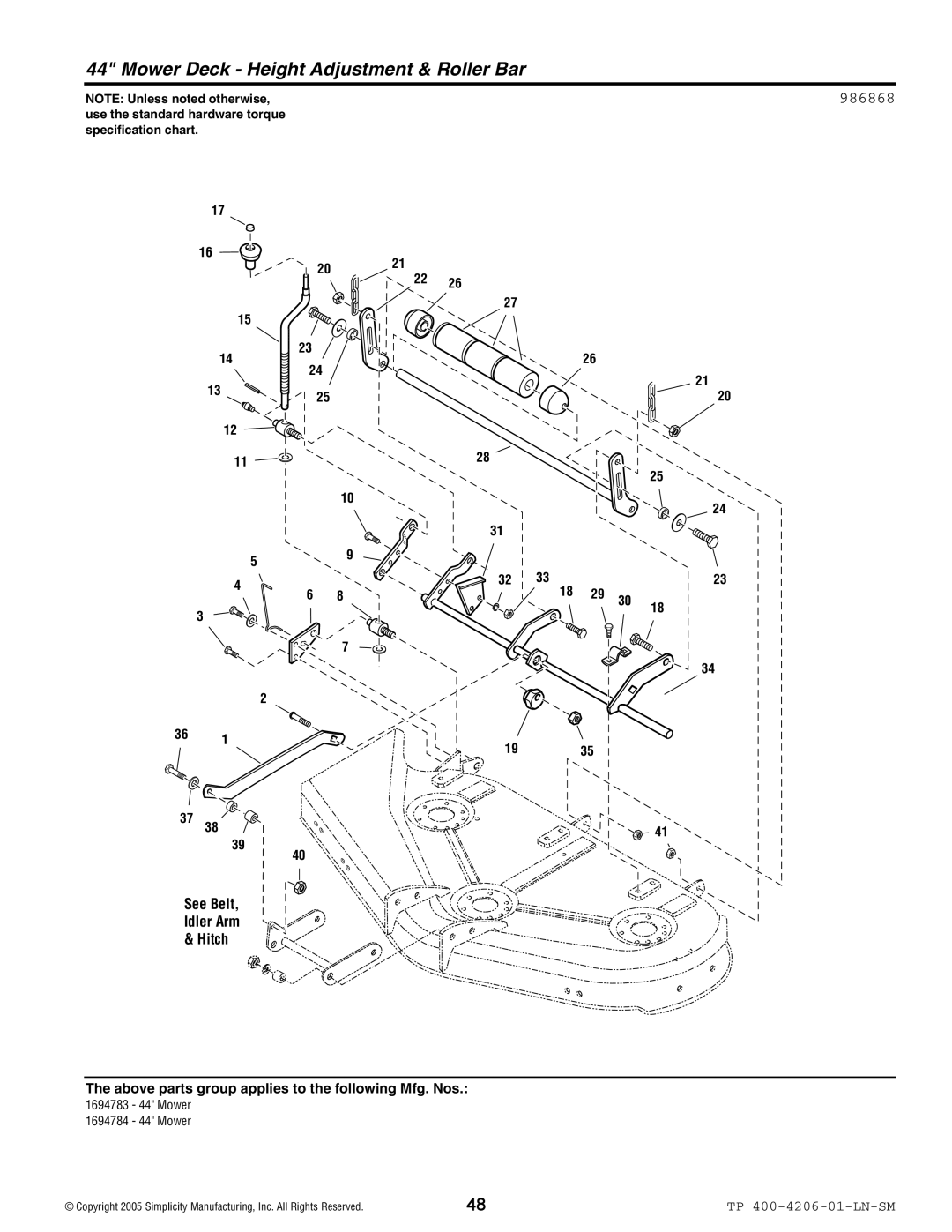 Snapper Lancer / 4400 manual 986868, See Belt Idler Arm Hitch 