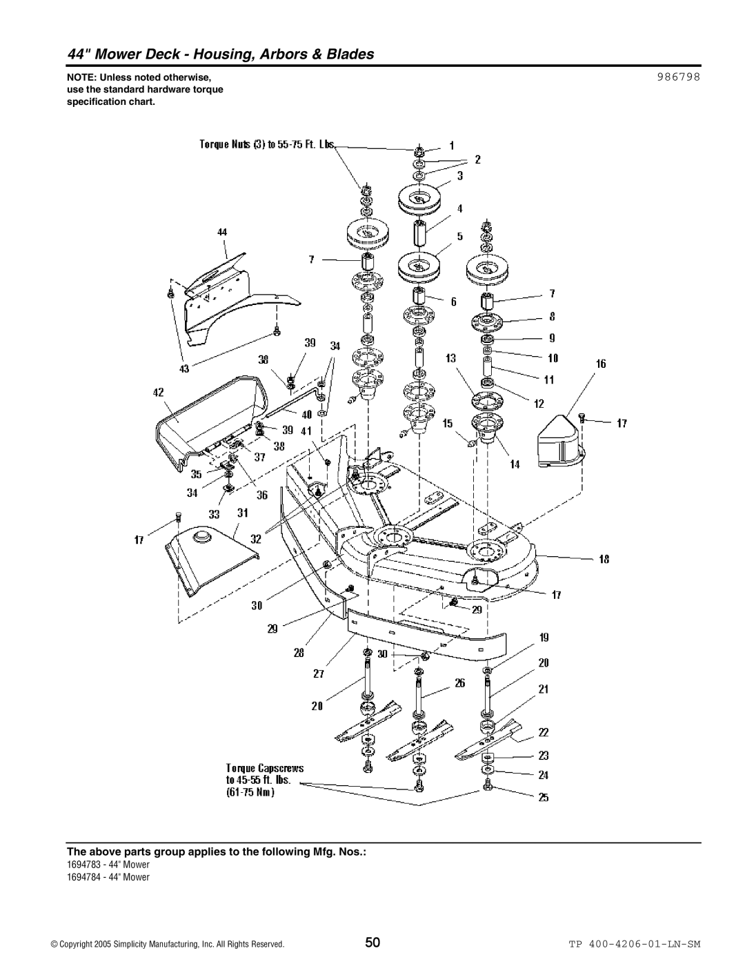 Snapper Lancer / 4400 manual Mower Deck Housing, Arbors & Blades, 986798 