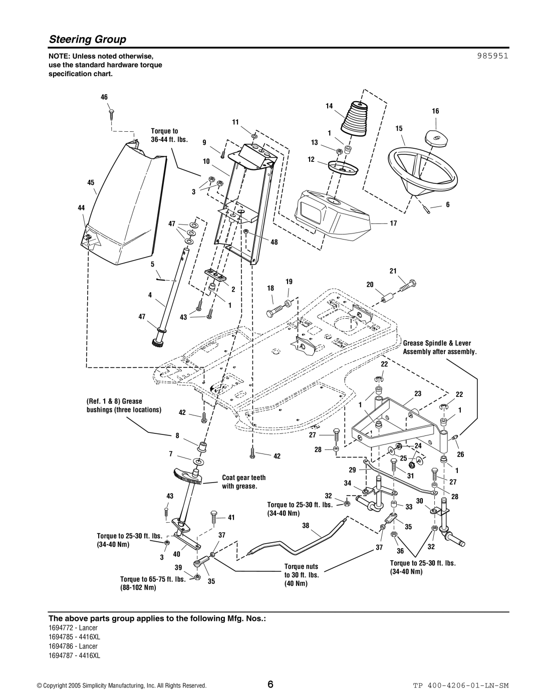 Snapper Lancer / 4400 manual Steering Group, 985951 