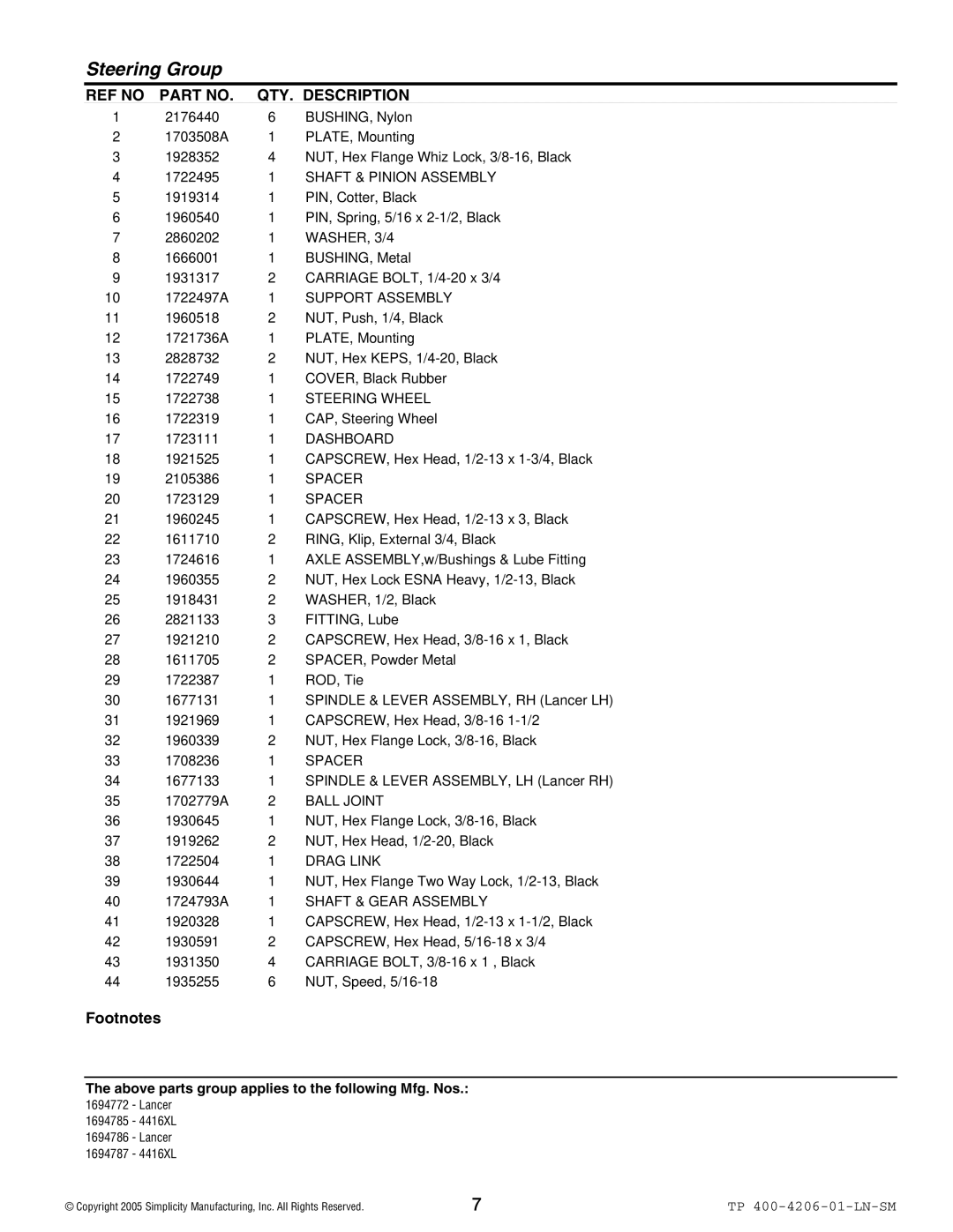 Snapper Lancer / 4400 manual Shaft & Pinion Assembly, WASHER, 3/4, Support Assembly, Steering Wheel, Dashboard, Ball Joint 