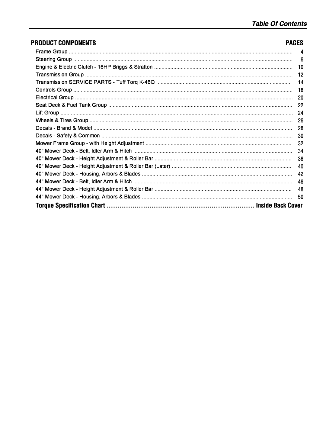 Snapper Lancer / 4400 manual Table Of Contents, Product Components, Pages, Torque Specification Chart, Inside Back Cover 