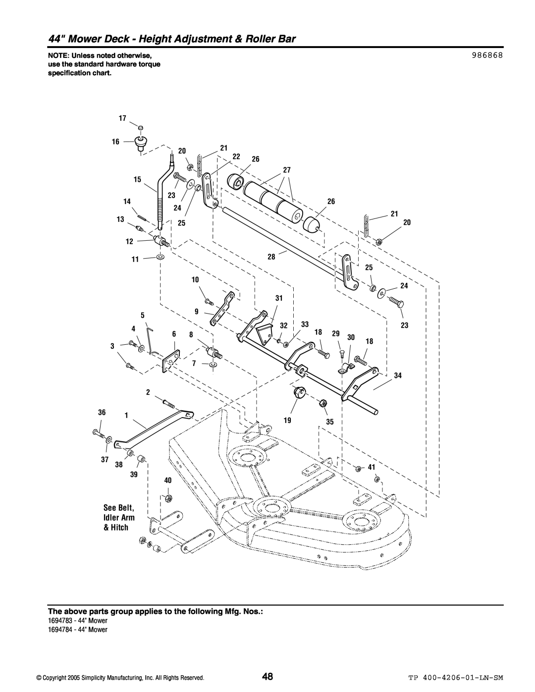 Snapper Lancer / 4400 manual Mower Deck - Height Adjustment & Roller Bar, 986868, See Belt Idler Arm & Hitch 