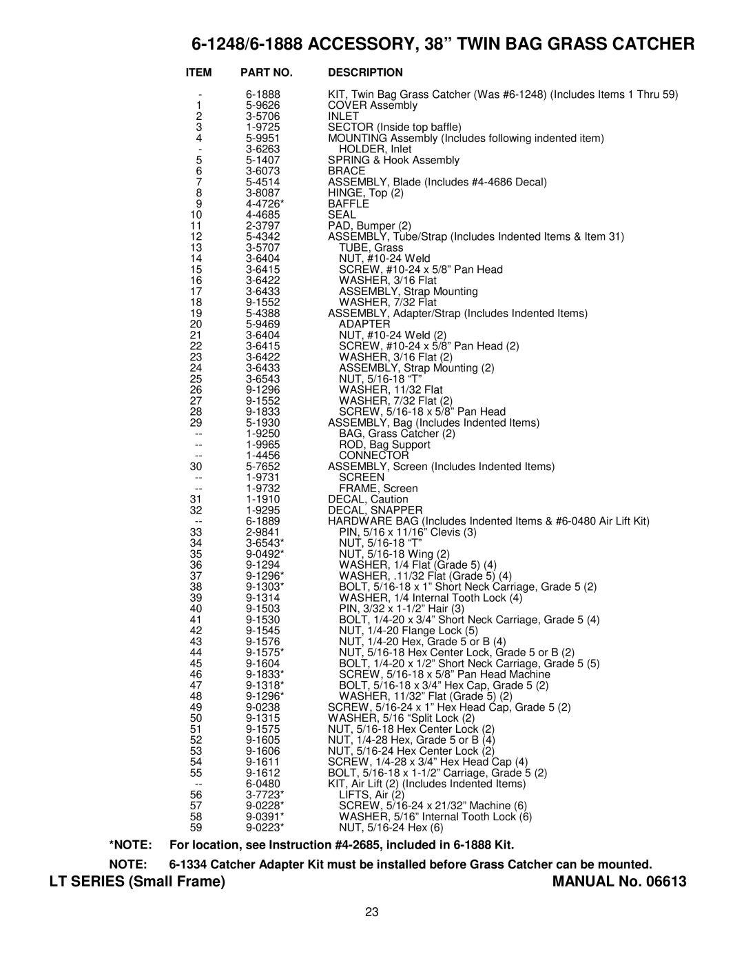 Snapper Lawn Mower Accessory manual 1248/6-1888 ACCESSORY, 38 Twin BAG Grass Catcher, Description 