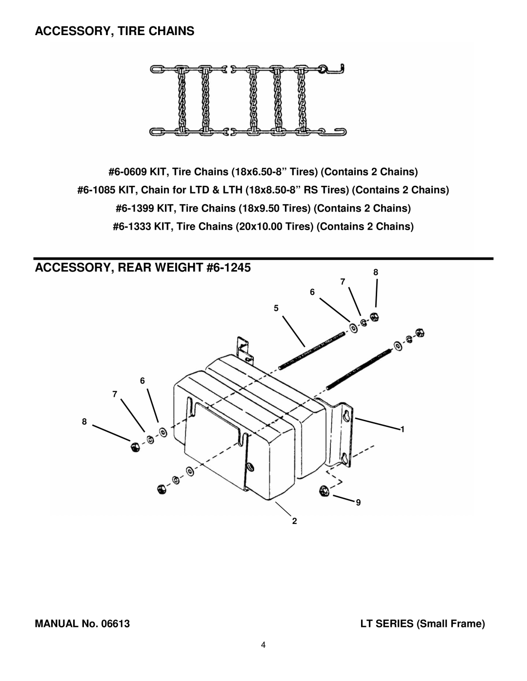 Snapper Lawn Mower Accessory manual ACCESSORY, Tire Chains, ACCESSORY, Rear Weight #6-1245 