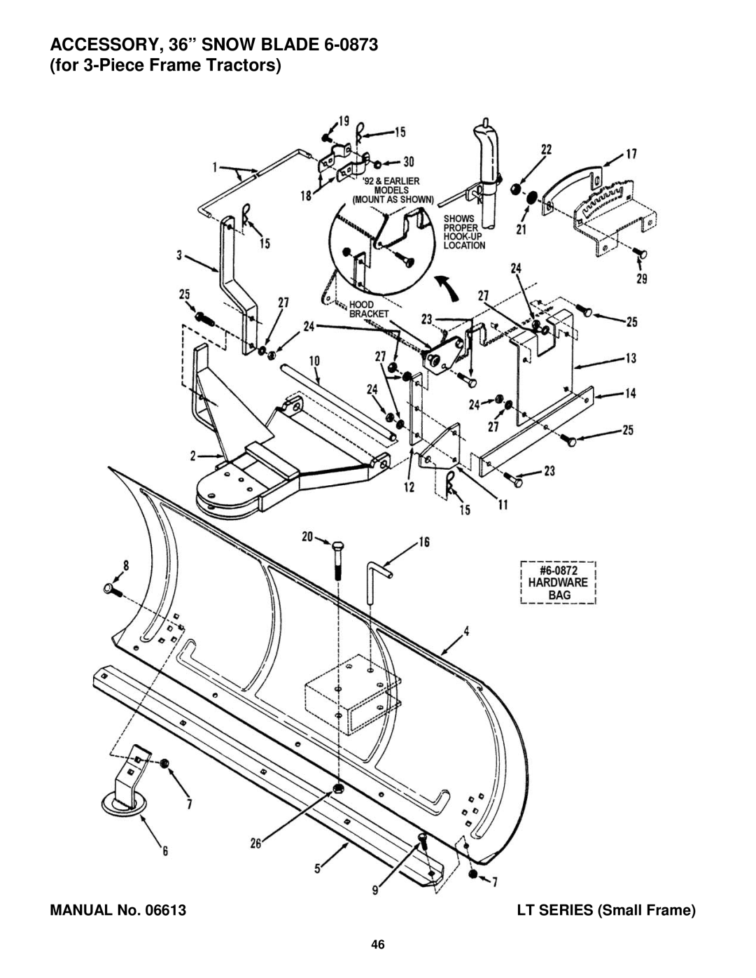 Snapper Lawn Mower Accessory manual ACCESSORY, 36 Snow Blade 6-0873 for 3-Piece Frame Tractors 