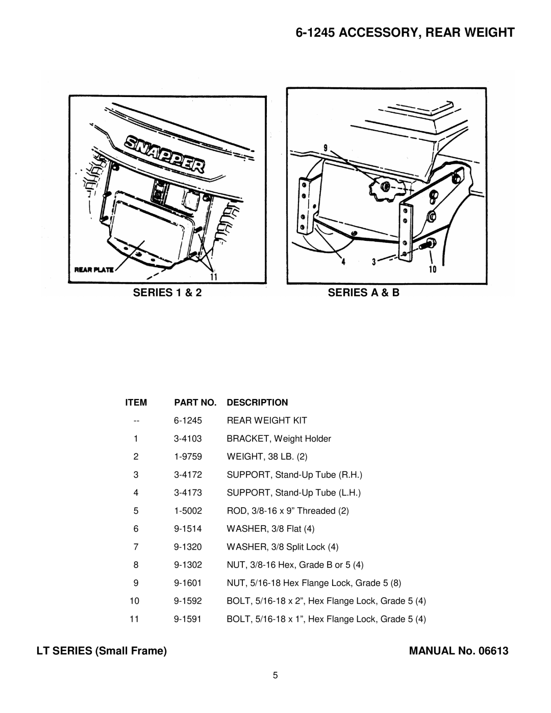 Snapper Lawn Mower Accessory manual ACCESSORY, Rear Weight, Rear Weight KIT 