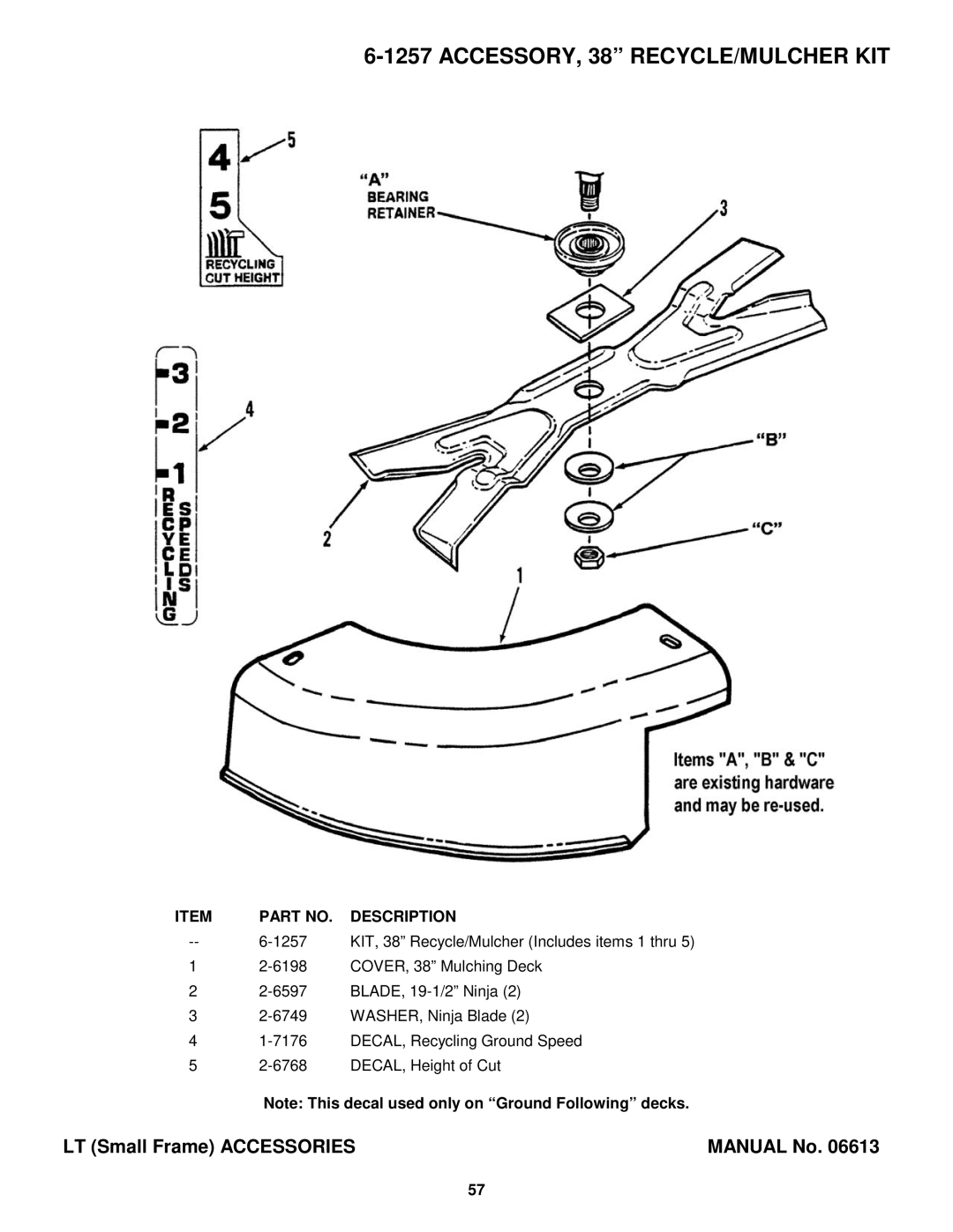 Snapper Lawn Mower Accessory manual ACCESSORY, 38 RECYCLE/MULCHER KIT 