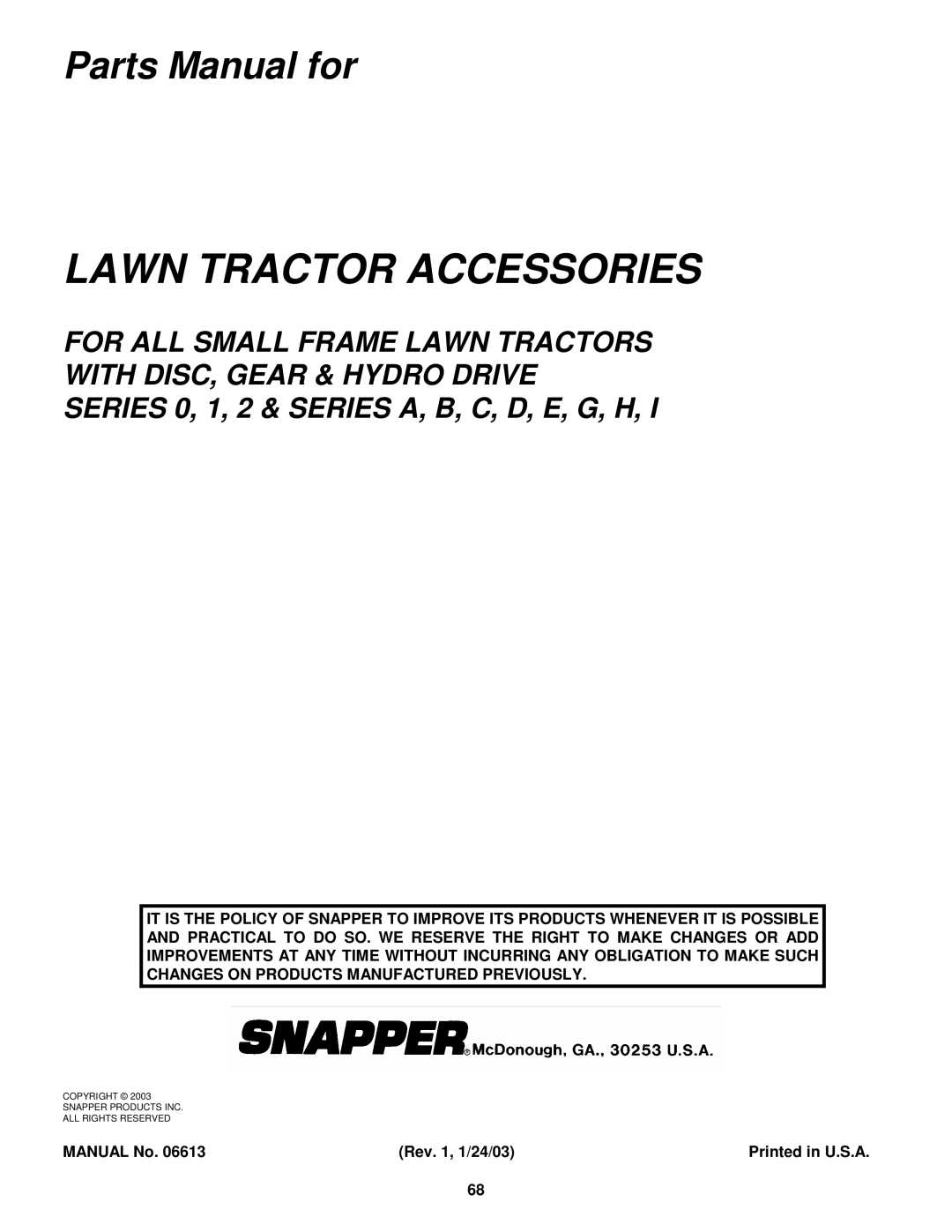 Snapper Lawn Mower Accessory manual Series 0, 1, 2 & Series A, B, C, D, E, G, H 