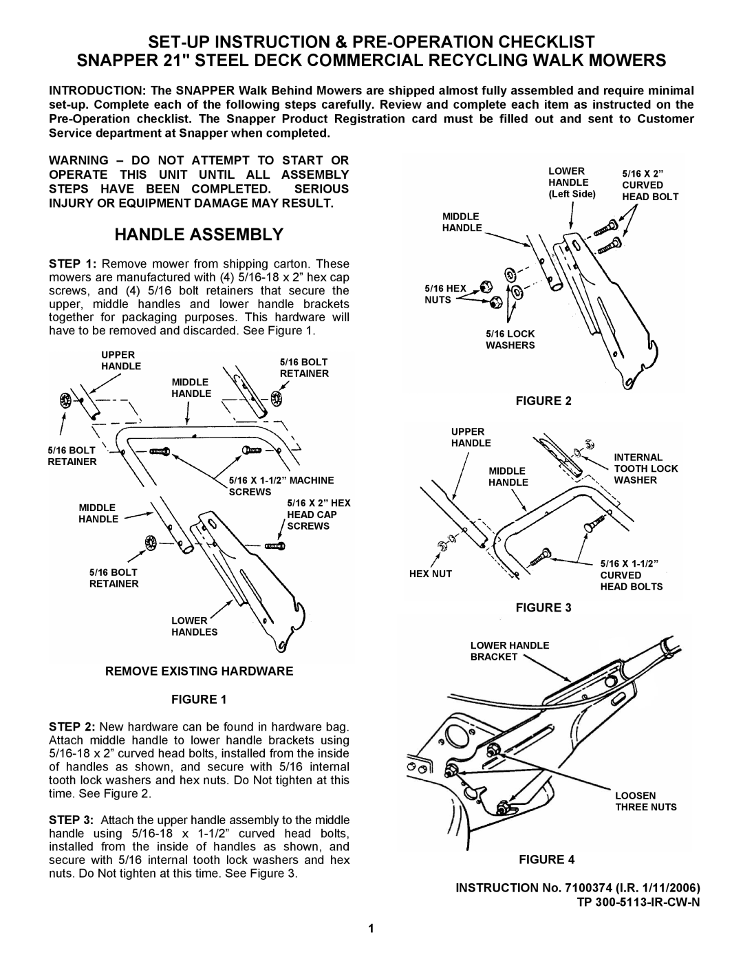 Snapper Lawn Mower manual Handle Assembly, Remove Existing Hardware, Instruction No I.R /11/2006 TP 300-5113-IR-CW-N 