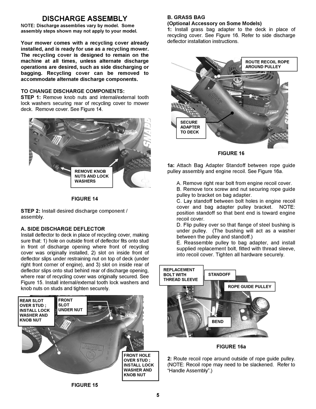 Snapper Lawn Mower manual Discharge Assembly, To Change Discharge Components, Side Discharge Deflector, Grass BAG 