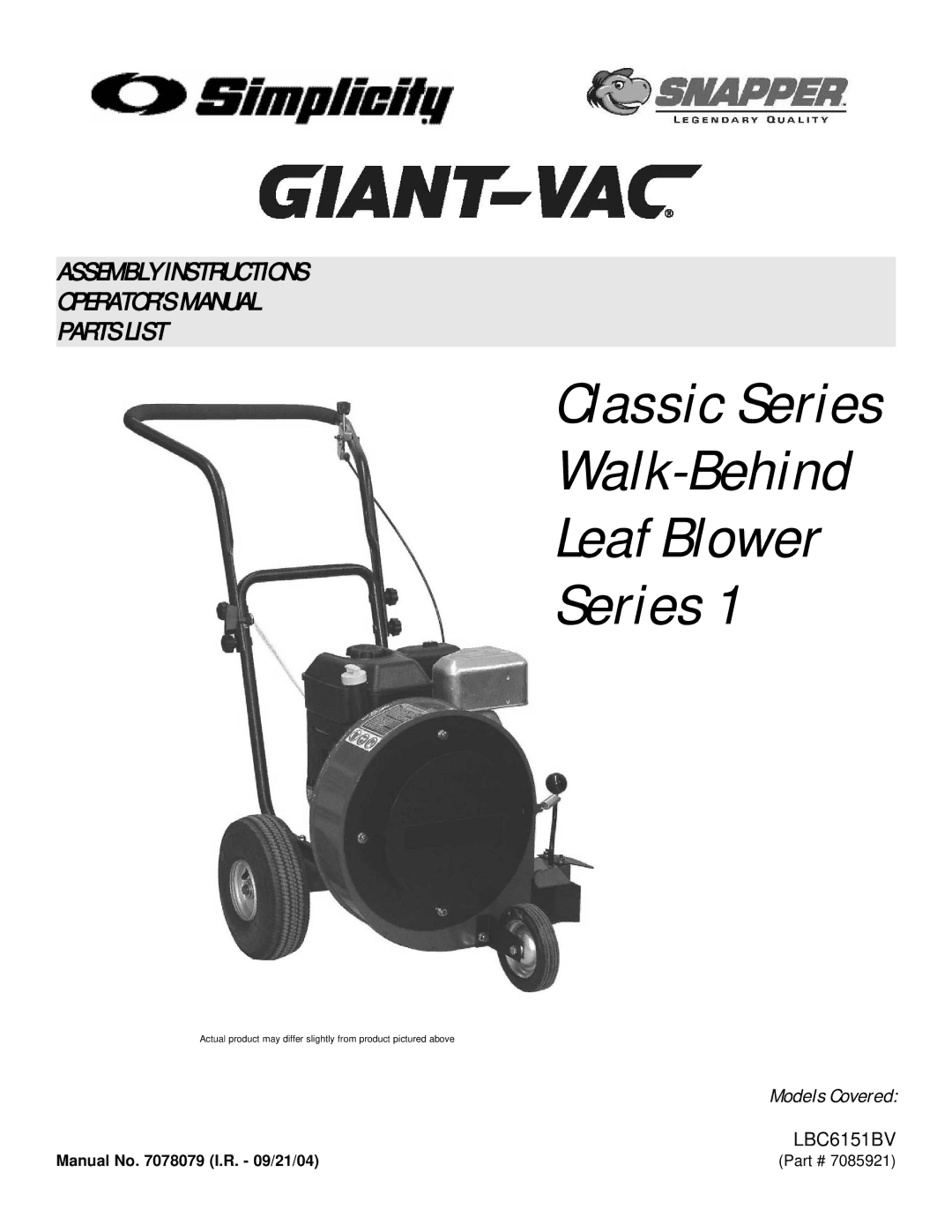 Snapper LBC6151BV manual Classic Series Walk-Behind Leaf Blower 