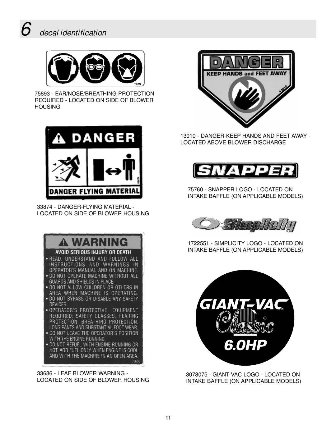 Snapper LBC6151BV manual Decal identification 