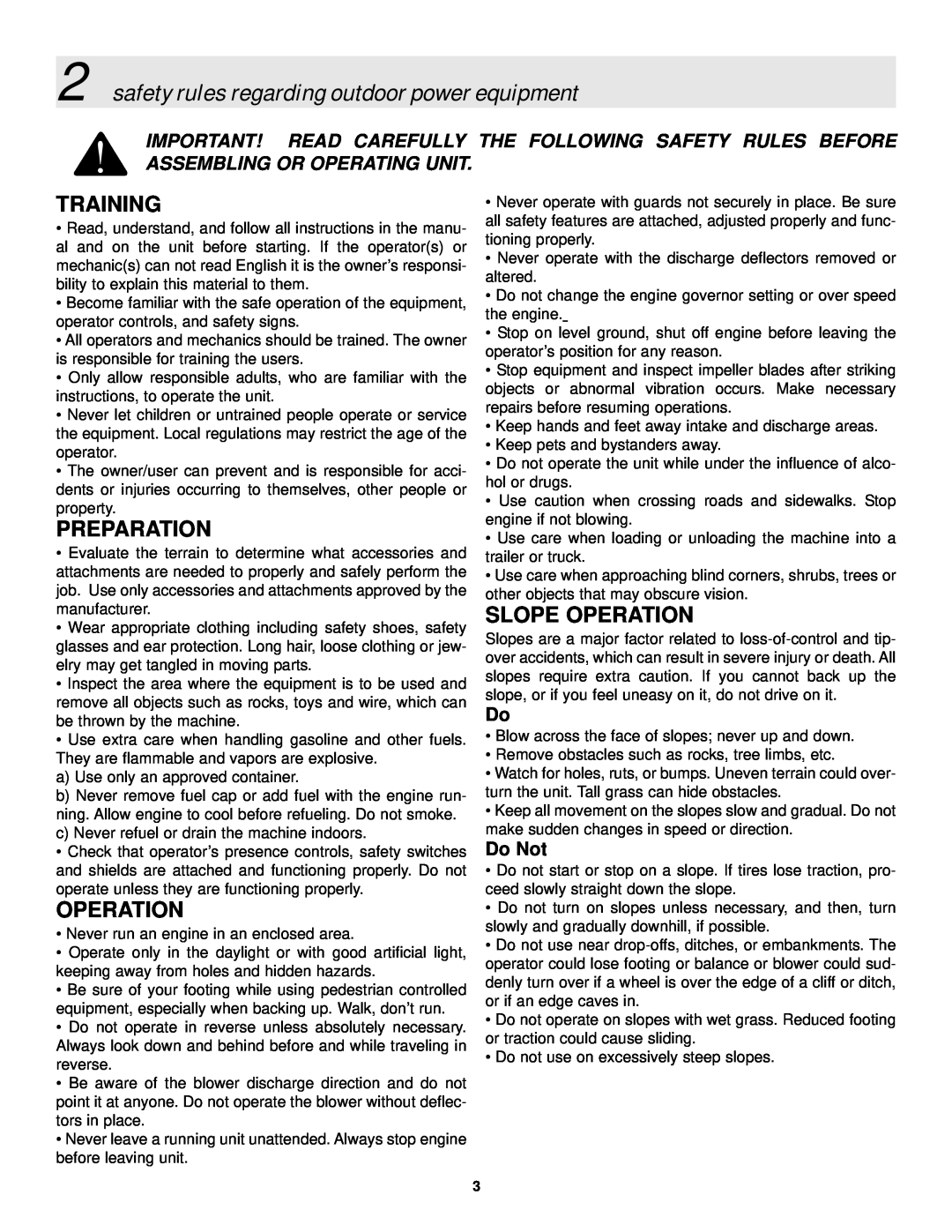 Snapper LBC6151BV manual safety rules regarding outdoor power equipment, Training, Preparation, Slope Operation, Do Not 